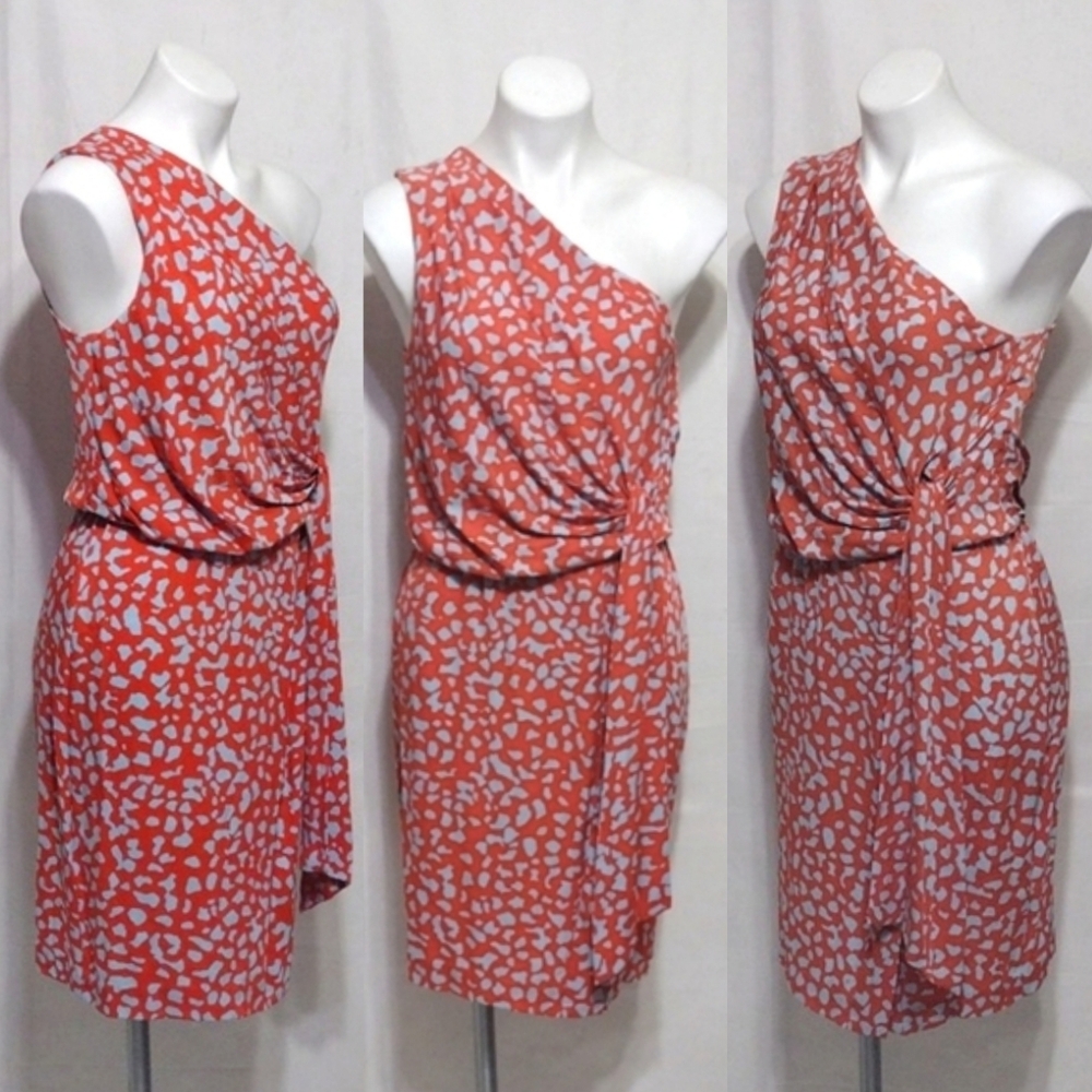 DVF One-Shoulder Silk Faux Wrap Dress 10 Elastic Waist Elegant Evening Cocktail